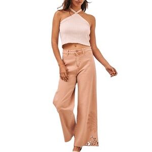 NKN Nekane Embroidered Wide Leg Jeans Peach Tan High Rise Crop Size 6 NWT